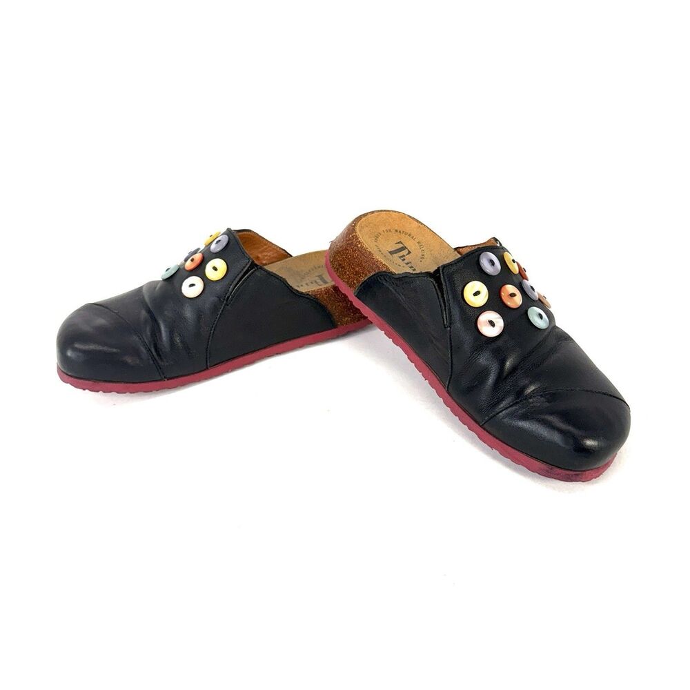 Think! Women Cork Footbed Clogs Black Leather Colorful Comfort Slip On EU 36